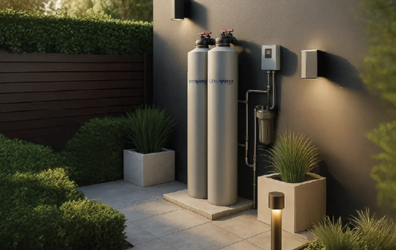Modern outdoor installation of the AlkaViva UltraHome water filtration and softener system featuring durable, weather-resistant grey tanks and integrated plumbing.