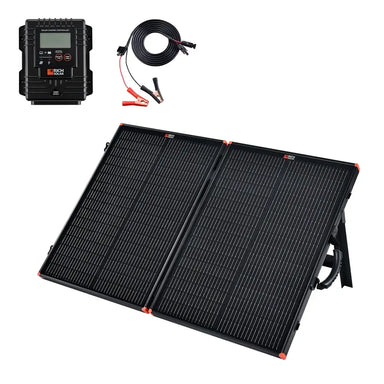 Rich Solar MEGA 100 Briefcase Charging Kit including 100W portable solar panel, 10A charge controller, and alligator clip cables.