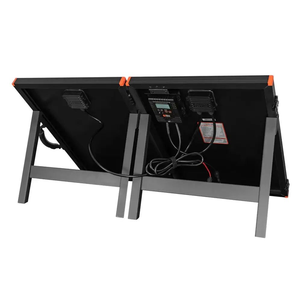Rear view of Rich Solar MEGA 100W briefcase solar panel system with built-in adjustable kickstands deployed.