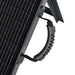 Close-up of the rugged, ergonomic rubberized carrying handle on the Rich Solar MEGA 100W portable solar briefcase.
