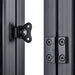 Close-up detail of the heavy-duty black metal hinge and secure briefcase closure latch on the Rich Solar MEGA 100W frame.