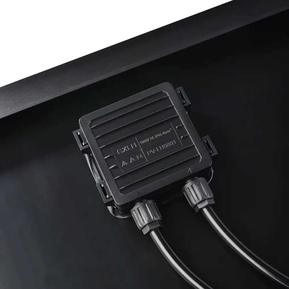 Close-up of the IP65 waterproof junction box on the back of the Rich Solar 100W portable solar panel, showcasing the secure, weather-resistant dual cable output.
