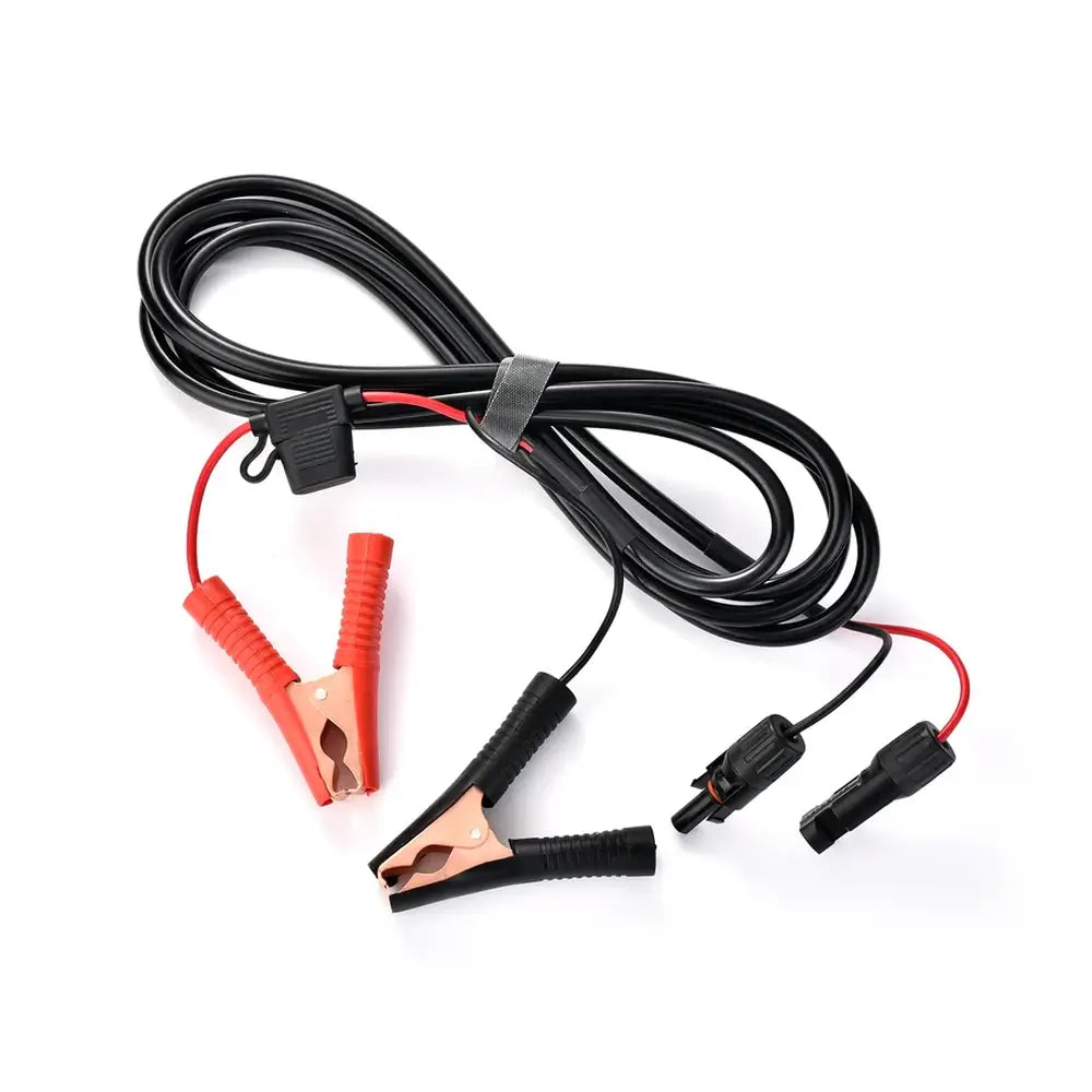 Heavy-duty 12V solar charging cable with red and black alligator clamps, an inline fuse block, and standard solar connectors.