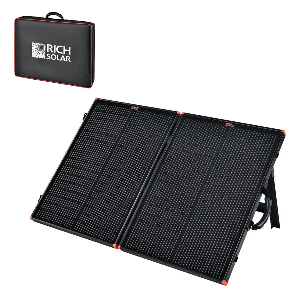 Fully deployed Rich Solar MEGA 100 portable briefcase solar panel set up on its kickstands, featuring an inset thumbnail of its black zippered carrying case with red trim.