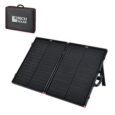 Fully deployed Rich Solar MEGA 100 portable briefcase solar panel set up on its kickstands, featuring an inset thumbnail of its black zippered carrying case with red trim.