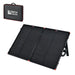 Fully deployed Rich Solar MEGA 100 portable briefcase solar panel set up on its kickstands, featuring an inset thumbnail of its black zippered carrying case with red trim.