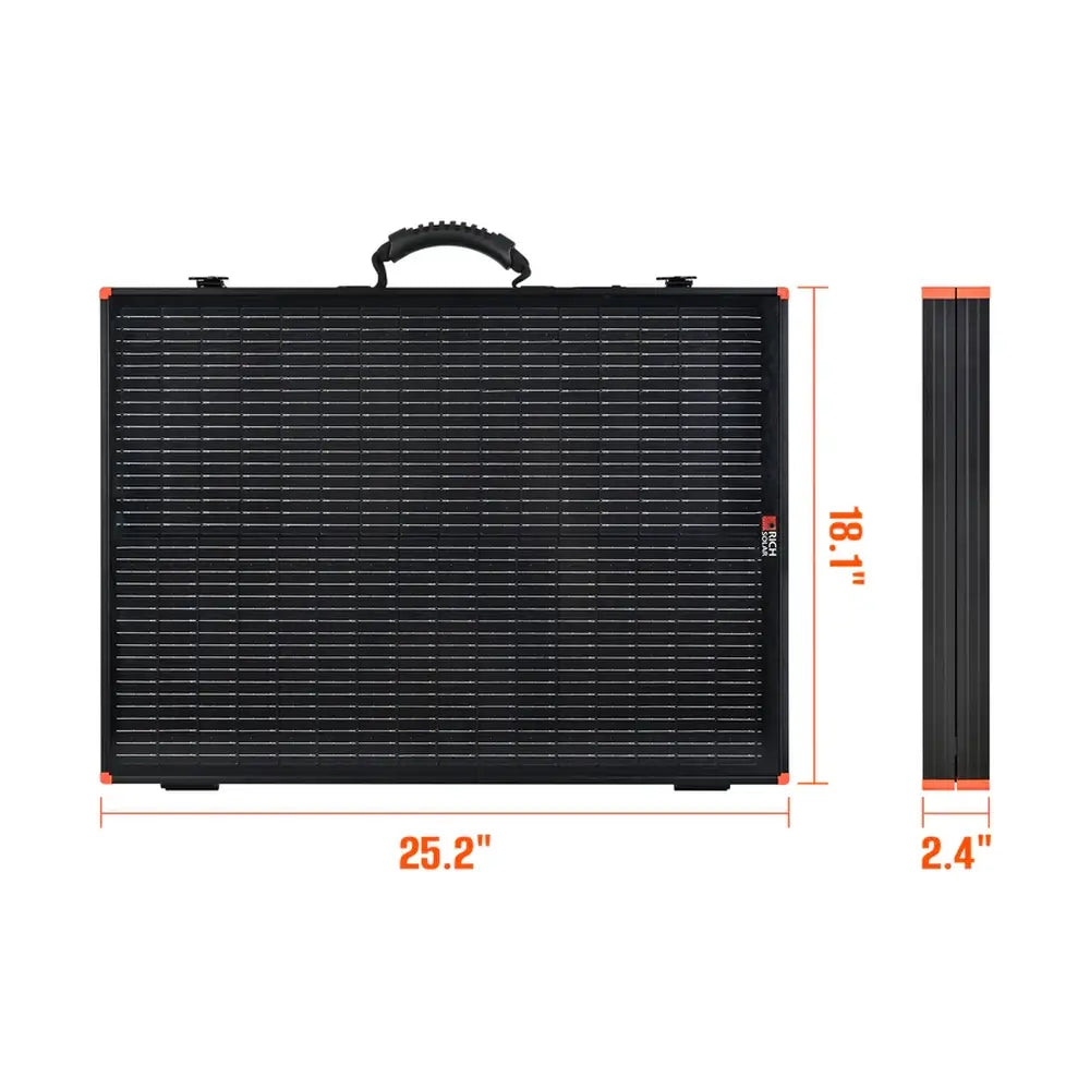 Dimensions diagram of folded Rich Solar MEGA 100 briefcase solar panel measuring 25.2 by 18.1 by 2.4 inches.