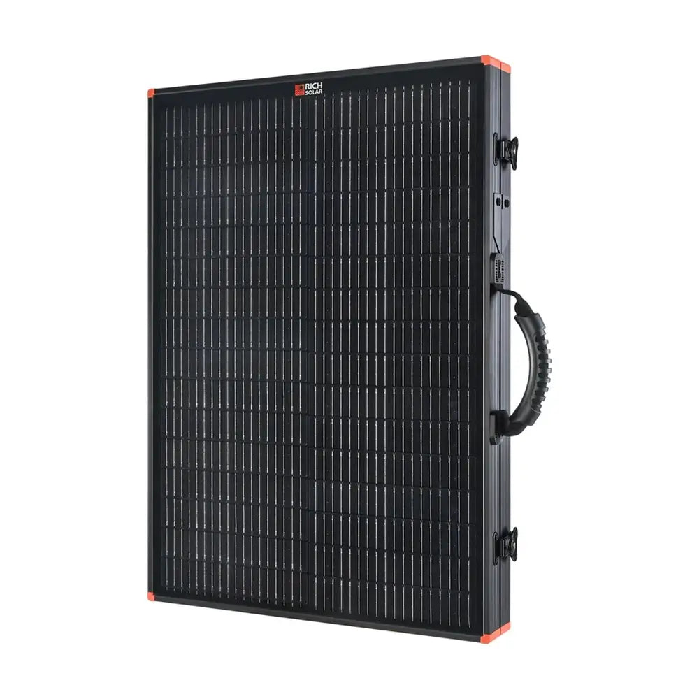 Folded Rich Solar MEGA 100W briefcase solar panel standing vertically showcasing secure metal latches and handle.