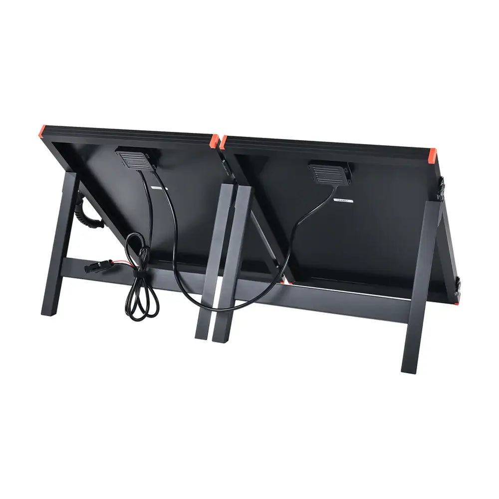 Rear view of the deployed 100W Rich Solar portable solar panel, detailing the adjustable aluminum kickstands, wiring, and dual junction boxes.