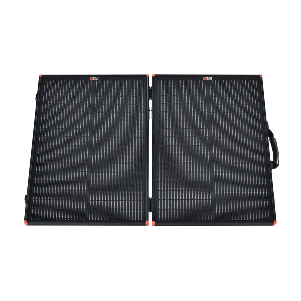 Fully opened, flat front view of the high-efficiency Rich Solar MEGA 100W portable monocrystalline solar panel.