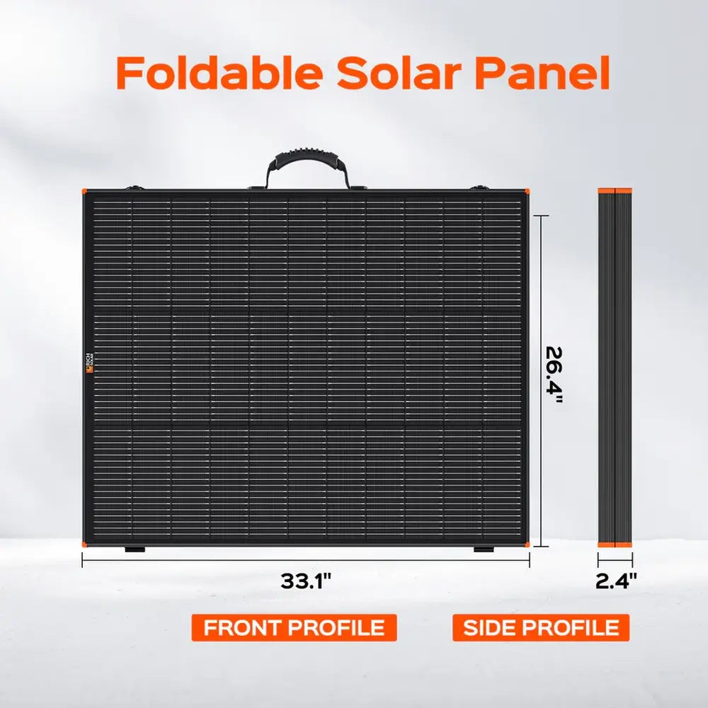 Foldable solar panel infographic showing front and side profile dimensions of the Rich Solar MEGA 200W briefcase panel.
