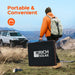 Hiker carrying a Rich Solar MEGA 200W portable solar panel case in nature, featuring text Portable & Convenient.