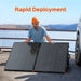 Man setting up a Rich Solar MEGA 200W portable briefcase solar panel next to an off-road vehicle with text Rapid Deployment.