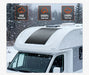 Rich Solar 200W flexible RV solar panel mounted on a curved motorhome roof in the snow, highlighting IP68 waterproof, 5400Pa snow load, and 2400Pa wind load ratings.