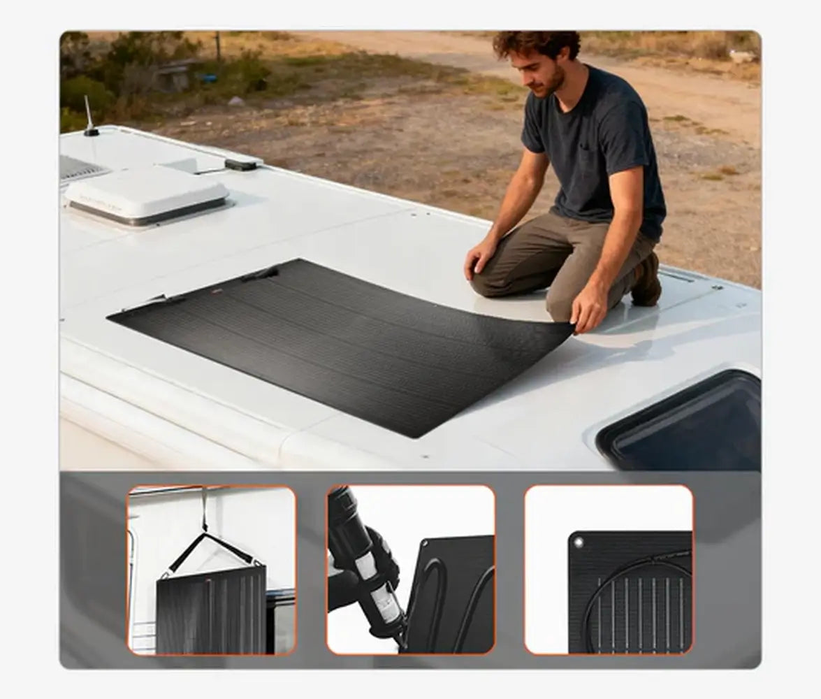 Step-by-step installation process of a Rich Solar 200W flexible solar panel onto an RV roof using silicone adhesive backing.