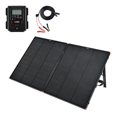 Rich Solar MEGA 200W portable briefcase solar panel unfolded with kickstands, featuring included 12V charge controller and alligator clip connection cables.