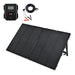 Rich Solar MEGA 200W portable briefcase solar panel unfolded with kickstands, featuring included 12V charge controller and alligator clip connection cables.