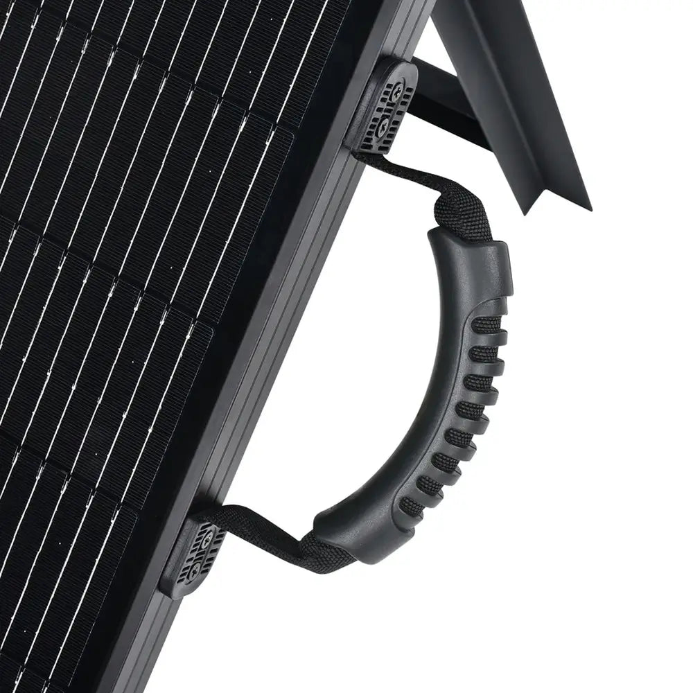 Rich Solar MEGA 200W portable briefcase solar panel connected to a portable power station generator charging outdoors at a campsite.