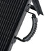 Close-up view of the heavy-duty center folding hinges and orange protective corner bumpers on a portable briefcase solar panel.