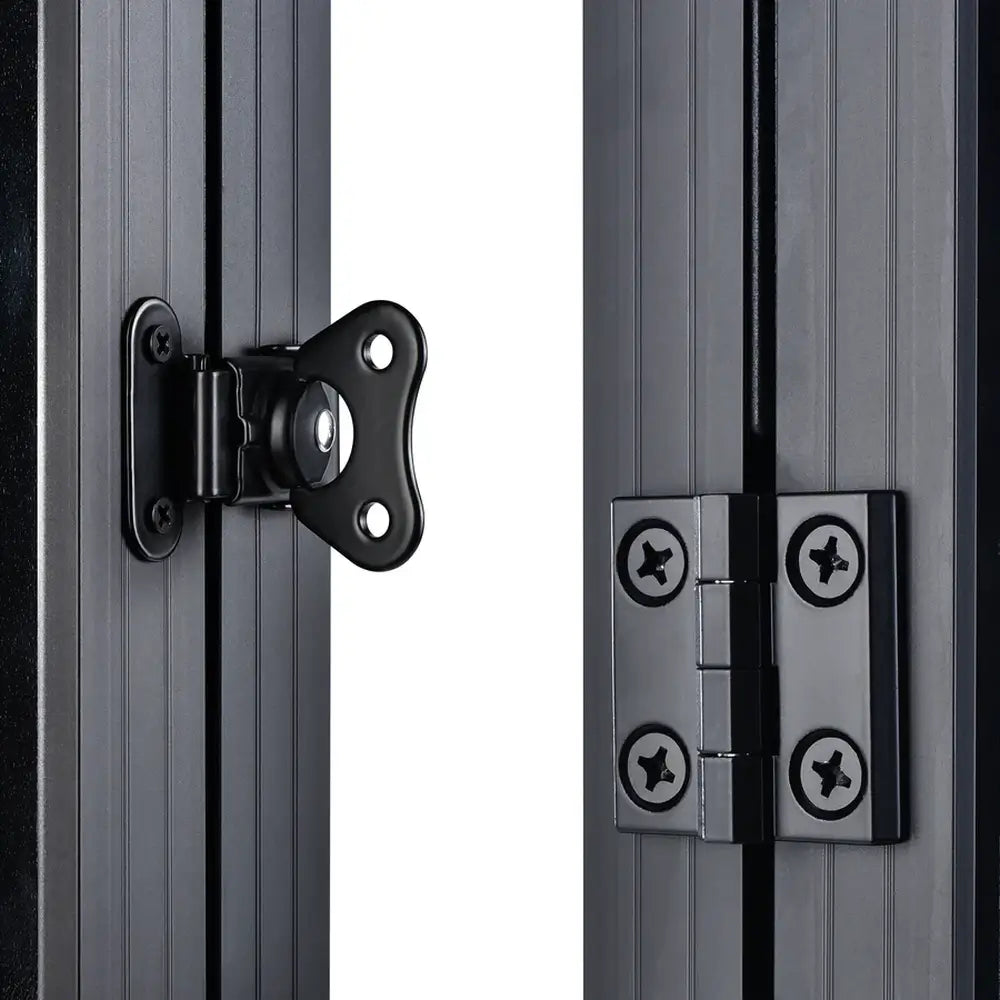 Close-up of the secure metal closure latches and alignment hinges on the side frame of a folded briefcase solar panel.