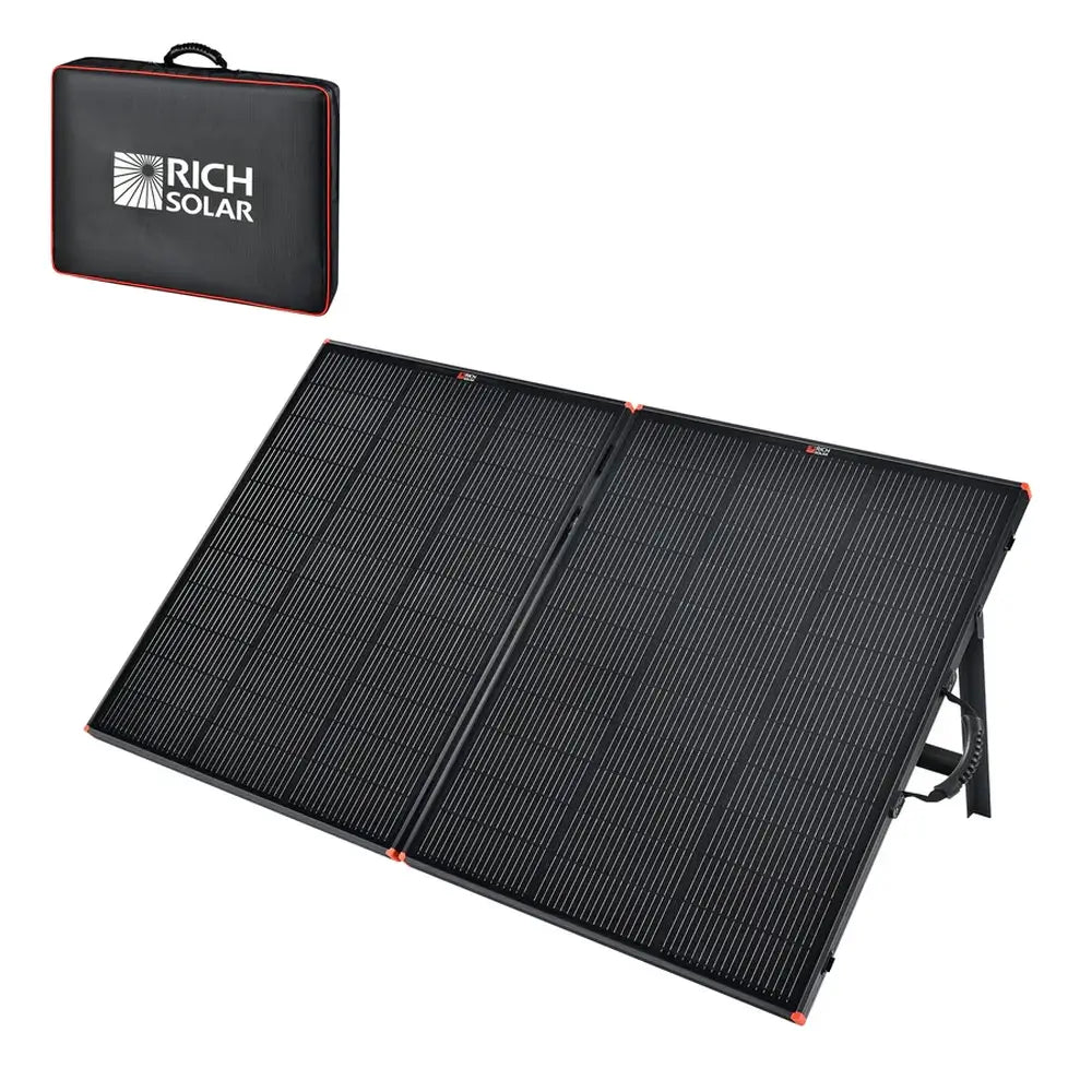 Unfolded Rich Solar MEGA 200W portable briefcase solar panel on its kickstands with an inset image of its carrying case.