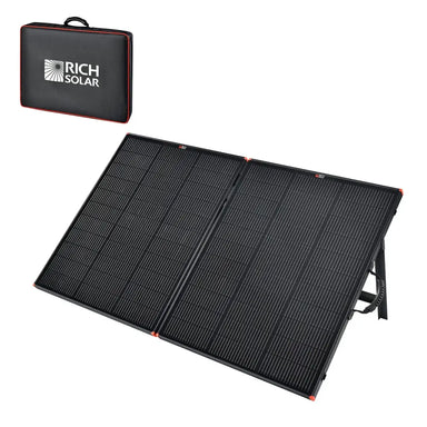 Unfolded Rich Solar MEGA 200W portable briefcase solar panel on its kickstands with an inset image of its carrying case.
