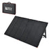 Unfolded Rich Solar MEGA 200W portable briefcase solar panel on its kickstands with an inset image of its carrying case.
