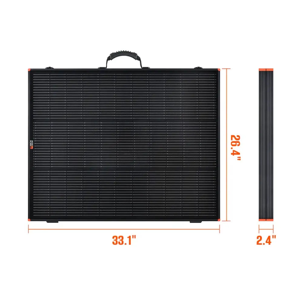 Folded dimensions diagram of the Rich Solar MEGA 200 briefcase solar panel showing measurements of 33.1 inches width, 26.4 inches height, and 2.4 inches thickness.