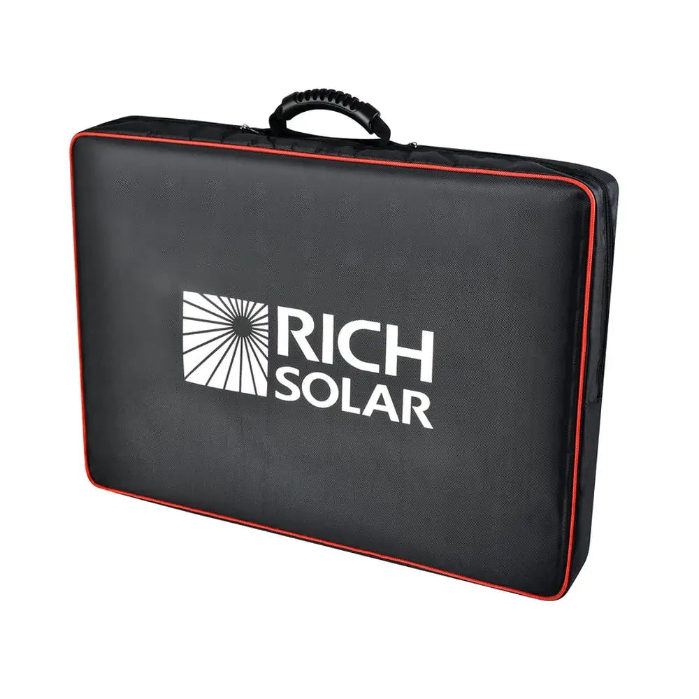 Rich Solar MEGA 200 portable briefcase solar panel safely packed inside its custom black protective zippered carrying case with red trim and brand logo.