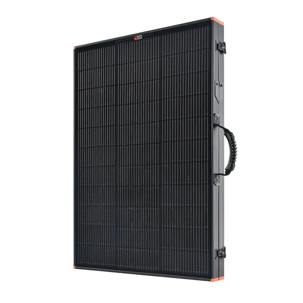 Side view of the folded Rich Solar MEGA 200 briefcase solar panel standing vertically, showcasing the rugged carrying handle, security latches, and protective corner guards.