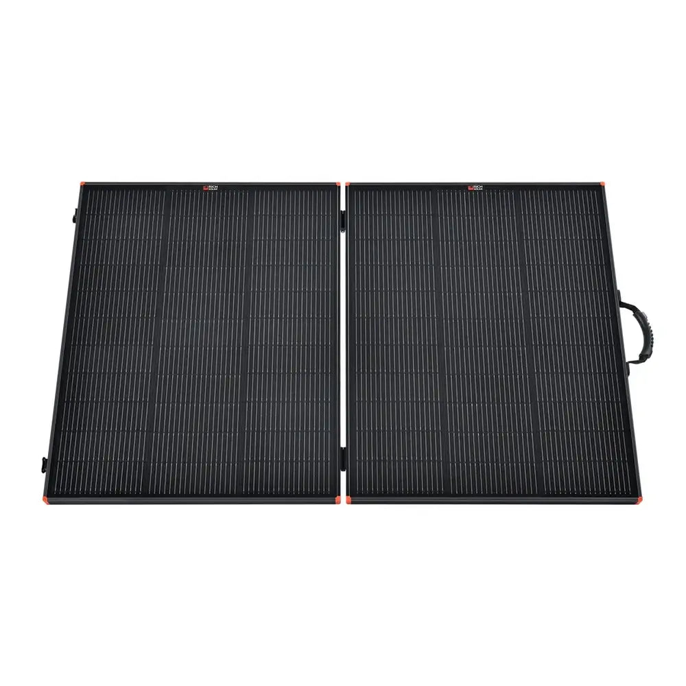 Front view of the Rich Solar MEGA 200W portable solar panel fully unfolded flat on a white background.
