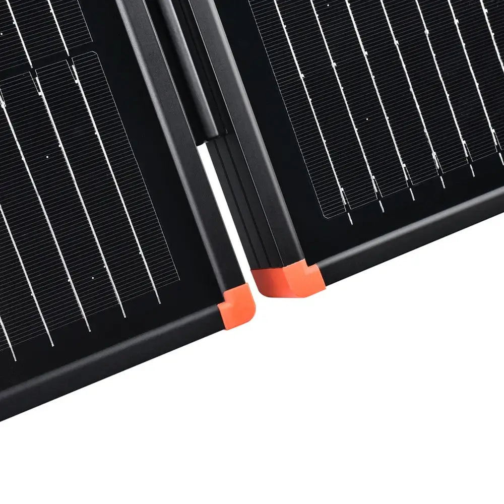Macro view of the heavy-duty folding center hinges and orange protective corner bumpers on the Rich Solar MEGA 200 portable solar kit.
