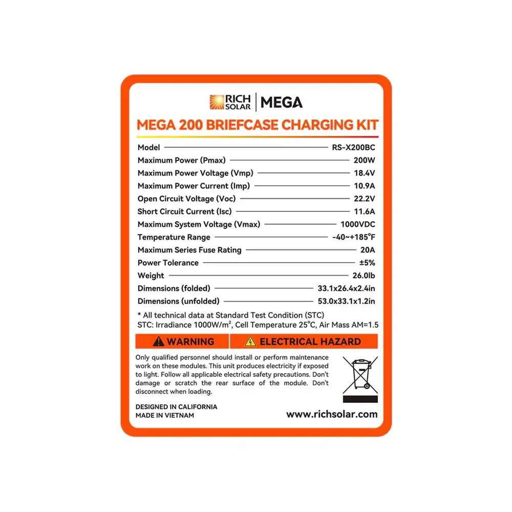 Official technical specification and warning label sticker for the Rich Solar MEGA 200 Briefcase Charging Kit, model number RS-X200BC.