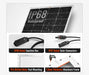 Feature infographic for the Rich Solar MEGA 250W solar panel showcasing its IP68 waterproof rating, IP67 solar connectors, pre-drilled mounting holes, and 1.3mm thick aluminum frame.