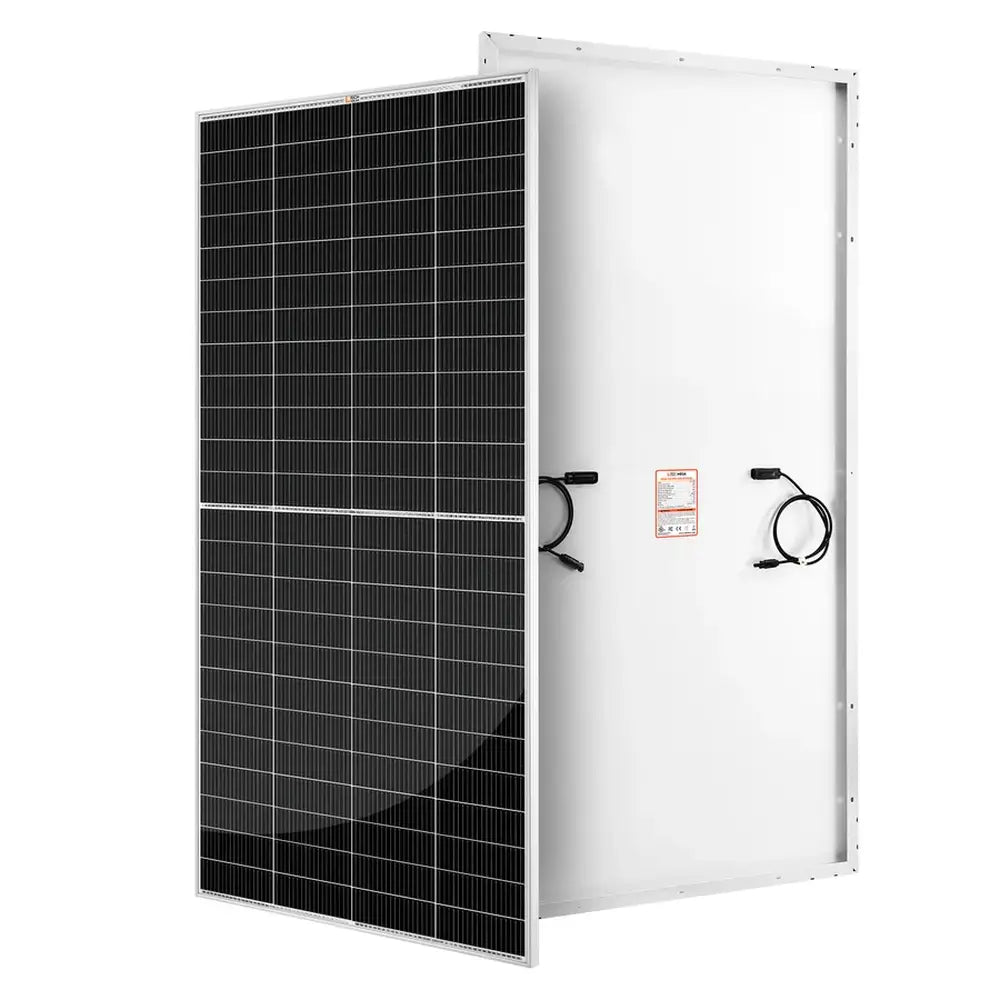 Front and back view of the Rich Solar MEGA 335 PRO 335W monocrystalline solar panel showing cell layout and junction box.