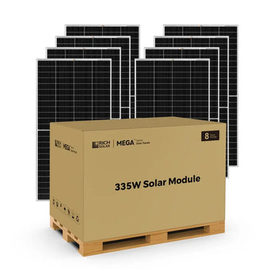 Rich Solar MEGA Series 335W solar module 8-piece bulk package kit on a shipping pallet.
