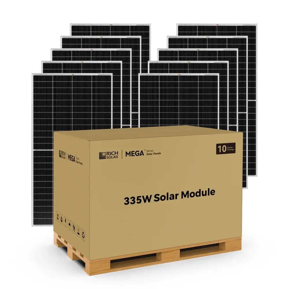 Wholesale pallet box containing a 10-piece package of Rich Solar MEGA 335W solar panels.