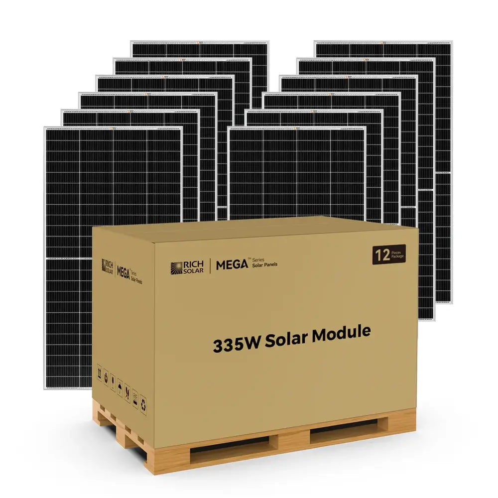 Rich Solar MEGA Series 335W solar panel 12-piece volume discount pallet option for large solar arrays.