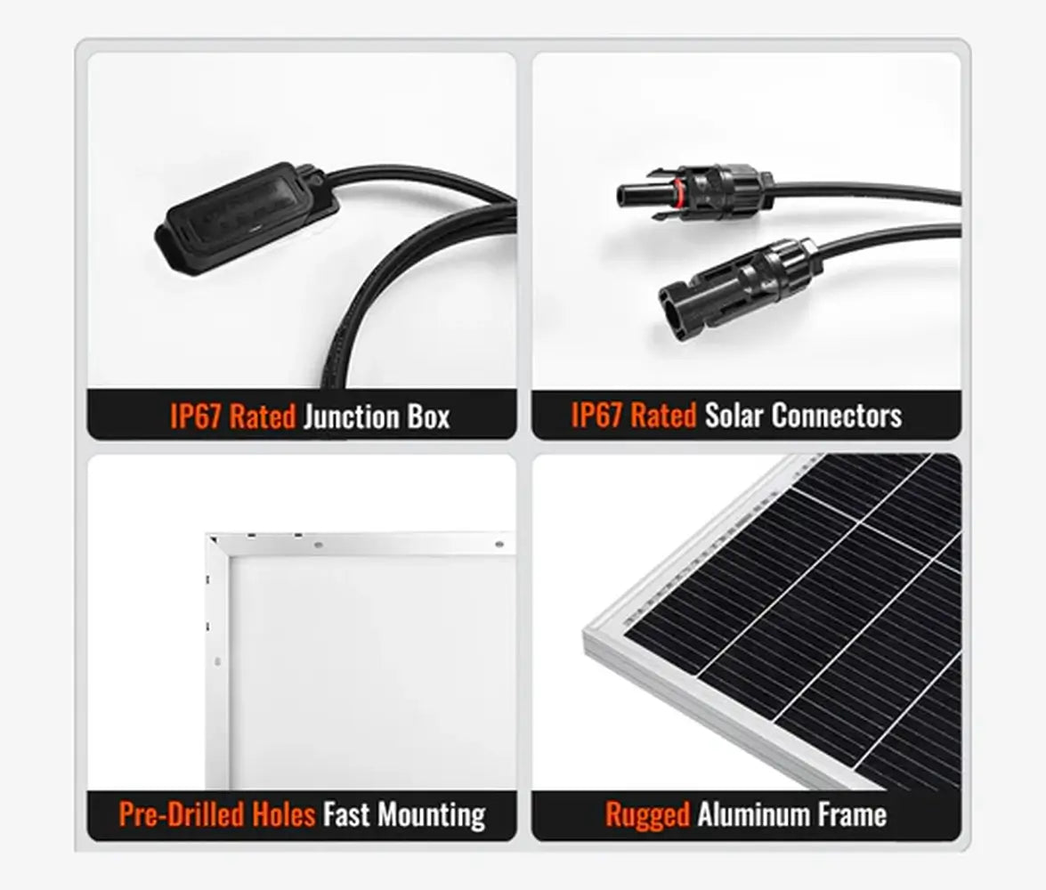 Infographic showing the IP67 junction box, solar connectors, pre-drilled mounting holes, and aluminum frame of a Rich Solar 335W panel.