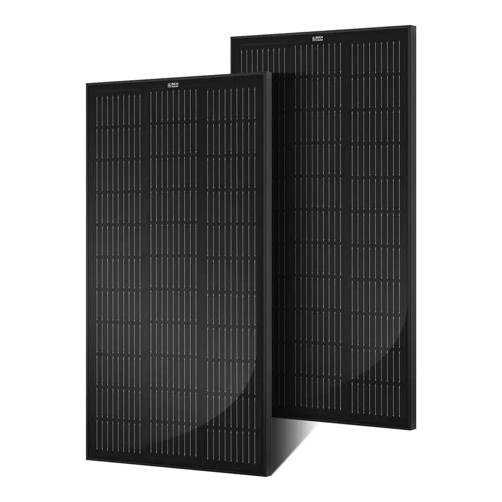 Product kit image of the Rich Solar MEGA 100 2-Pack featuring two ONYX 100W 12V all-black monocrystalline solar panels side-by-side.