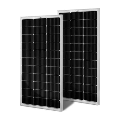 Product kit image of the Rich Solar MEGA 100 2-Pack featuring two standard 100W 12V monocrystalline solar panels with silver aluminum frames.