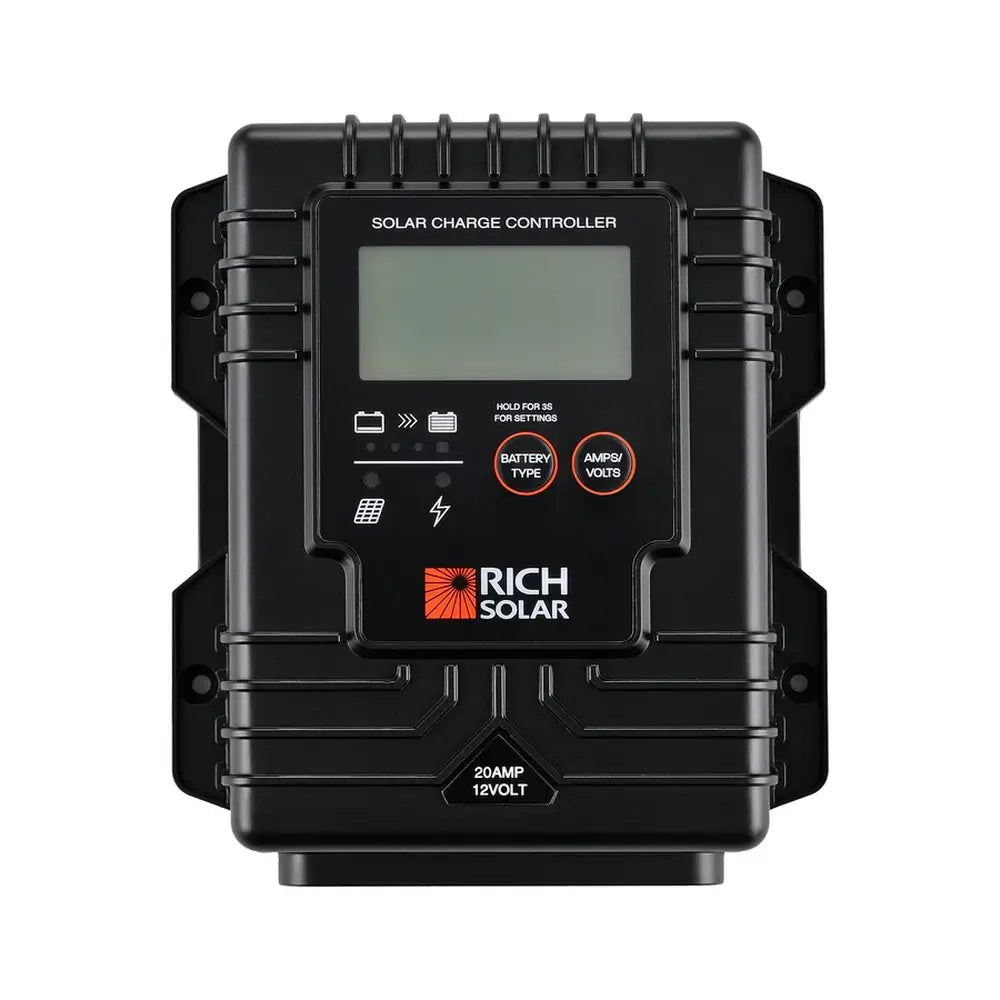 Isolated front view of the Rich Solar 20Amp 12Volt digital solar charge controller highlighting the LCD interface and setup buttons.