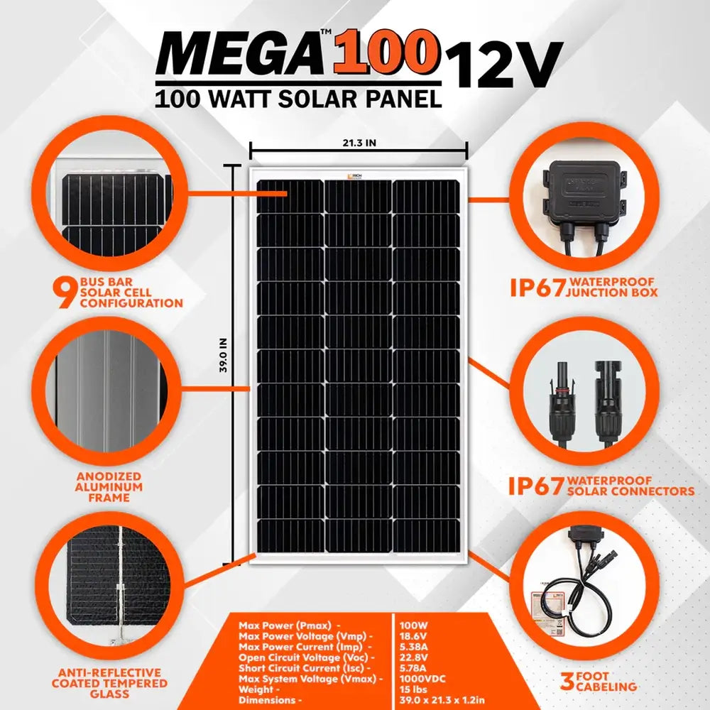 Technical specification chart for the Rich Solar MEGA 100 monocrystalline solar panel, listing maximum power, optimum operating voltage, and short-circuit current.