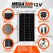 Technical specification chart for the Rich Solar MEGA 100 monocrystalline solar panel, listing maximum power, optimum operating voltage, and short-circuit current.