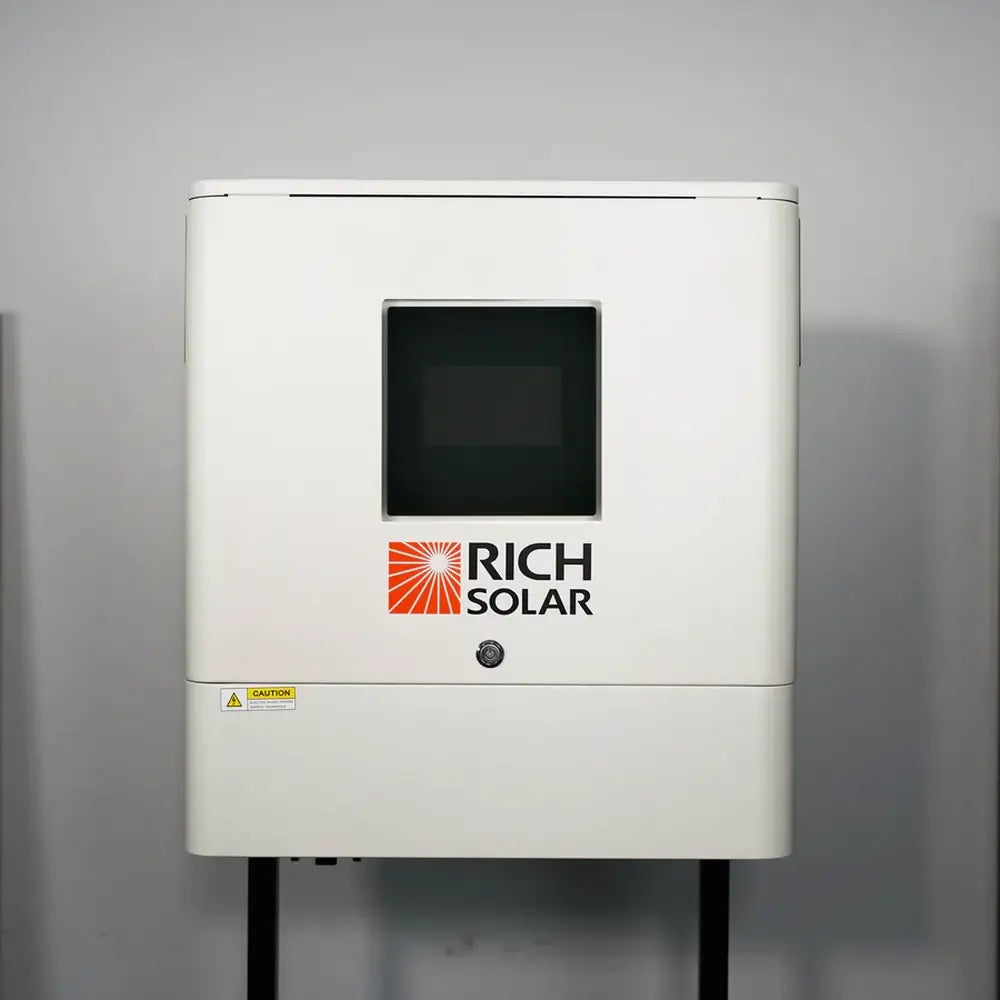 Clean studio display of the Rich Solar NOVA 6500S 48V 6500W hybrid inverter mounted on a stand against a grey wall.