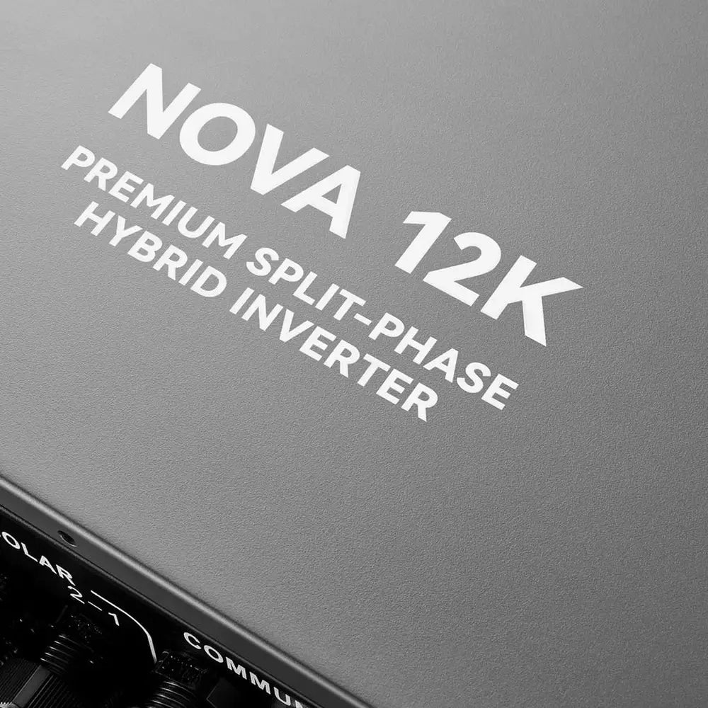 Macro close-up shot of the white printed product text on the gray matte chassis reading "NOVA 12K PREMIUM SPLIT-PHASE HYBRID INVERTER."