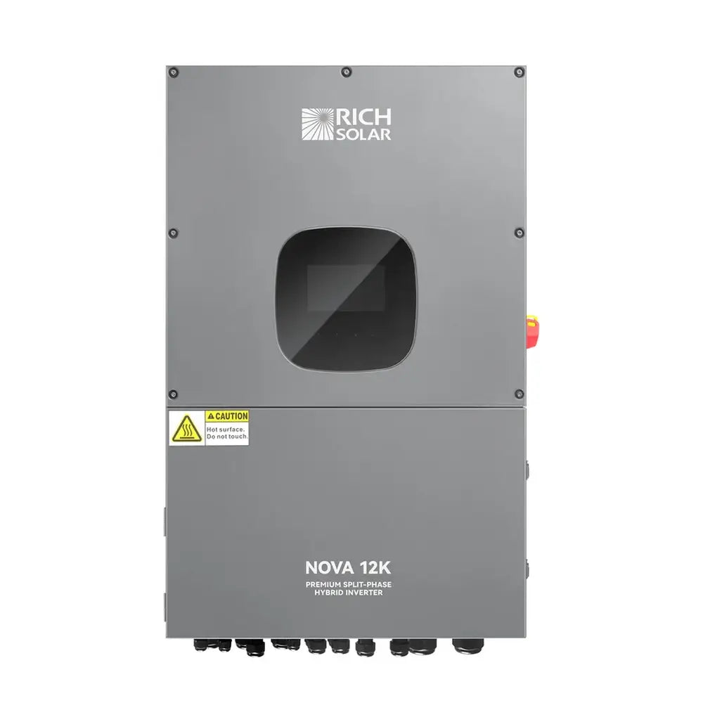Front straight-on view of the Rich Solar NOVA 12K 10kW split-phase hybrid inverter featuring a central digital LCD display and gray IP65 weatherproof enclosure.