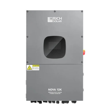 Front straight-on view of the Rich Solar NOVA 12K 10kW split-phase hybrid inverter featuring a central digital LCD display and gray IP65 weatherproof enclosure.