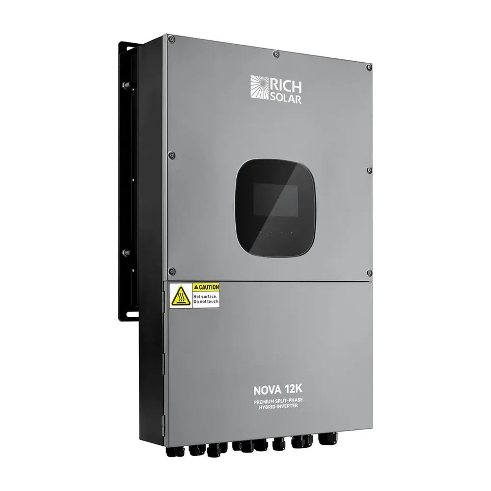Three-quarter front-left perspective of the Rich Solar NOVA 12K hybrid solar inverter showing the wall-mounting bracket and bottom cable entry points.