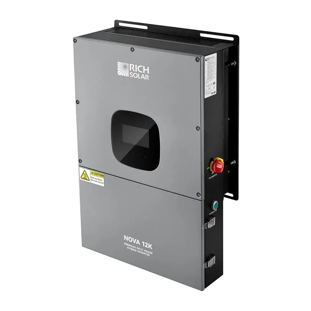 High-angle front-right view of the Rich Solar NOVA 12K 48V inverter highlighting the side-mounted red PV switch, green power button, and heavy-duty panel latches.